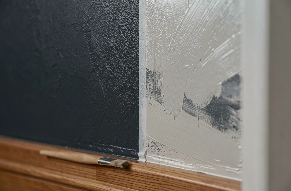 Gros plan comparatif de deux peintures murales montrant la différence de pouvoir couvrant sur un fond sombre