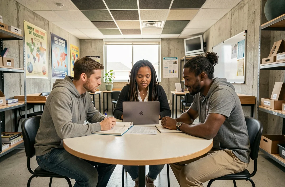 Groupe d'adultes en session de formation professionnelle dans un centre dédié, collaborant sur un support pédagogique dans le cadre de la réforme