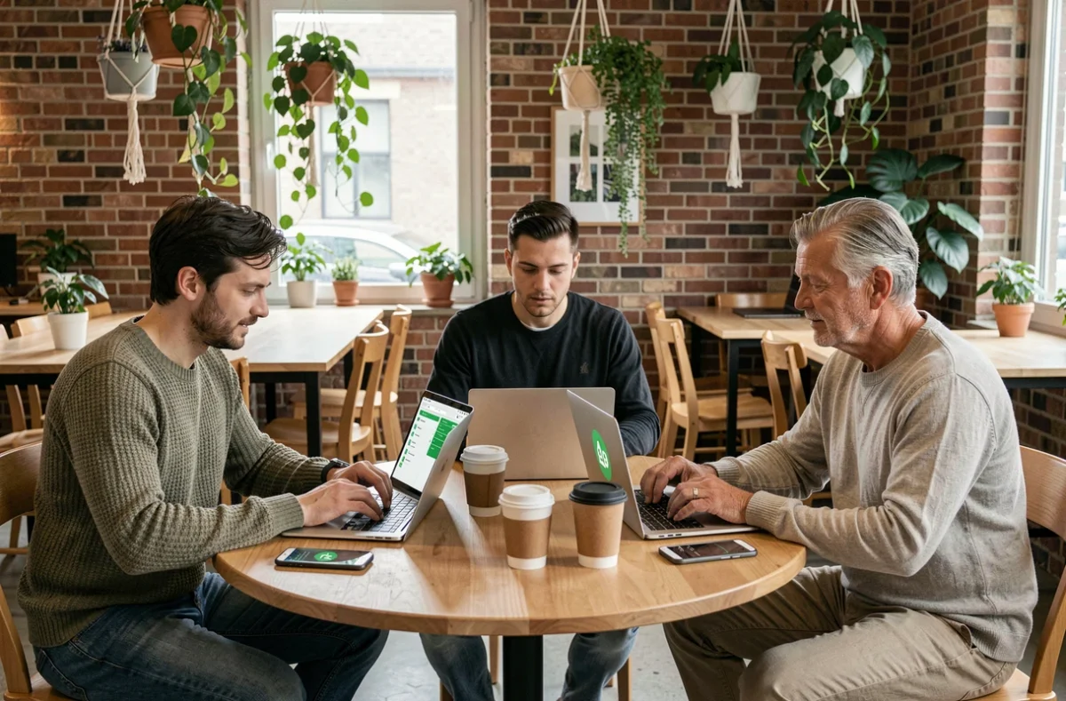 Groupe de particuliers français explorant des options d'investissement responsable sur leurs appareils dans un espace de coworking