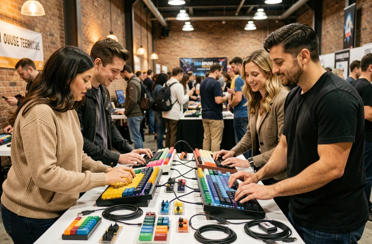 Groupe de passionnés découvrant des claviers mécaniques lors d'un salon dédié aux périphériques gaming