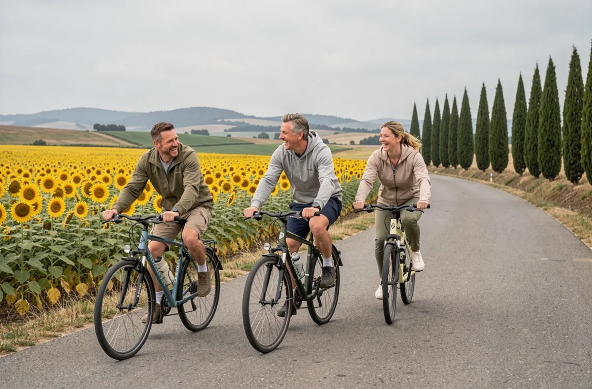 Groupe d'adultes faisant une randonnée à vélo sur une route de campagne bordée de tournesols
