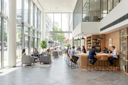 Hall d'un immeuble de bureaux avec espace de convivialité