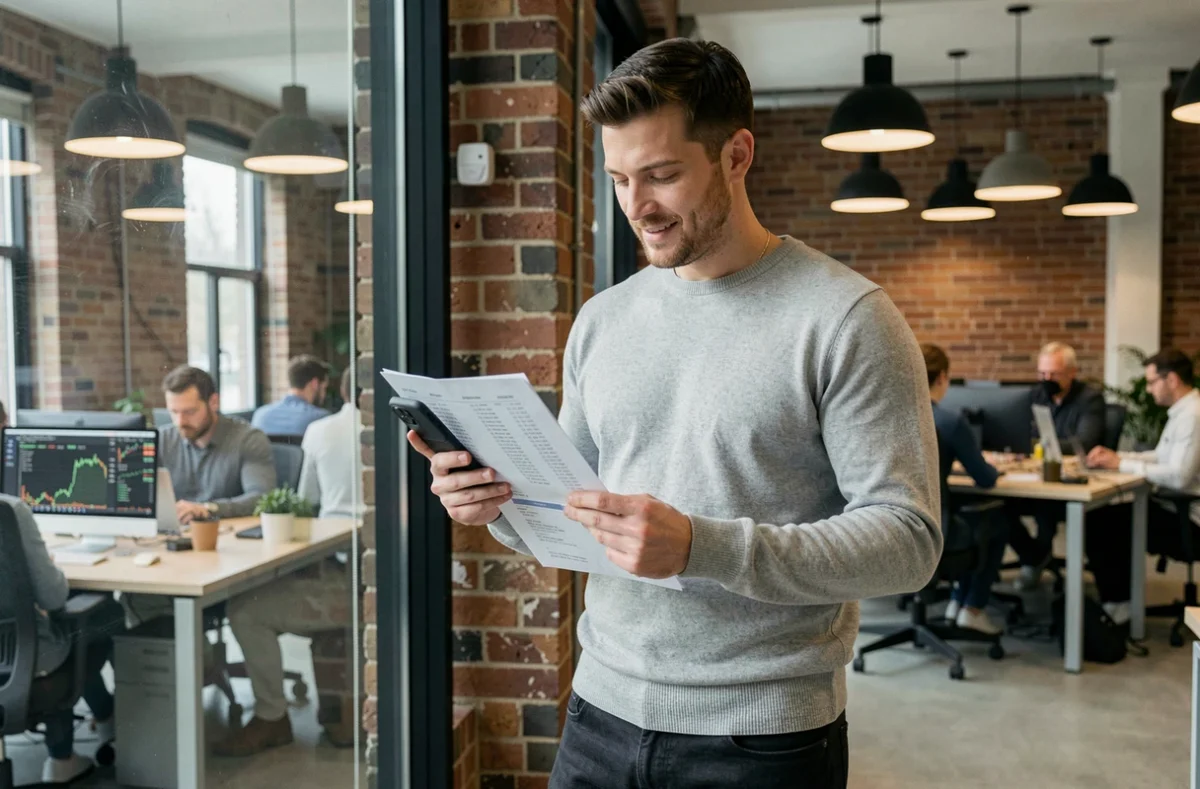 Homme consultant une application boursière sur smartphone dans un espace de coworking moderne
