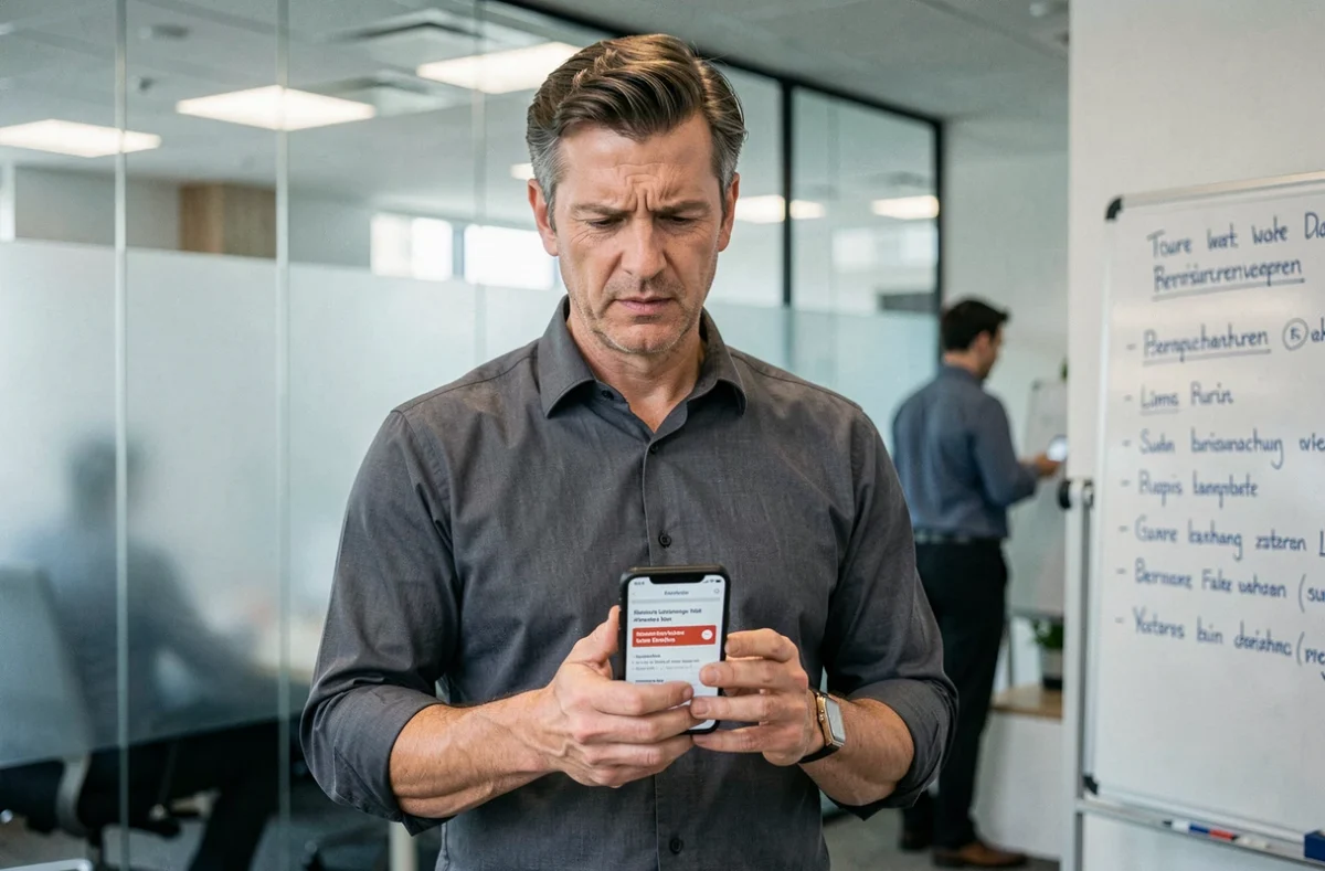 Homme en entreprise consultant une application de traduction sur smartphone dans un bureau professionnel