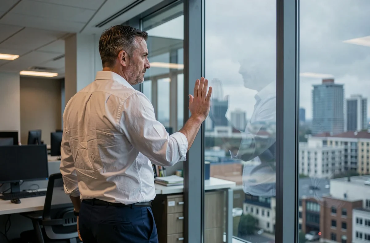 Homme en costume décontracté regardant par la fenêtre d'un bureau, exprimant l'épuisement professionnel et les limites psychologiques de la résilience