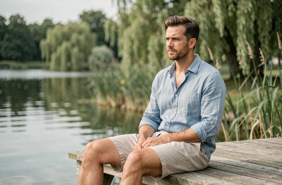 Homme décontracté en chemise et short en lin bleu et beige assis sur un ponton en bois au bord d'un lac en été