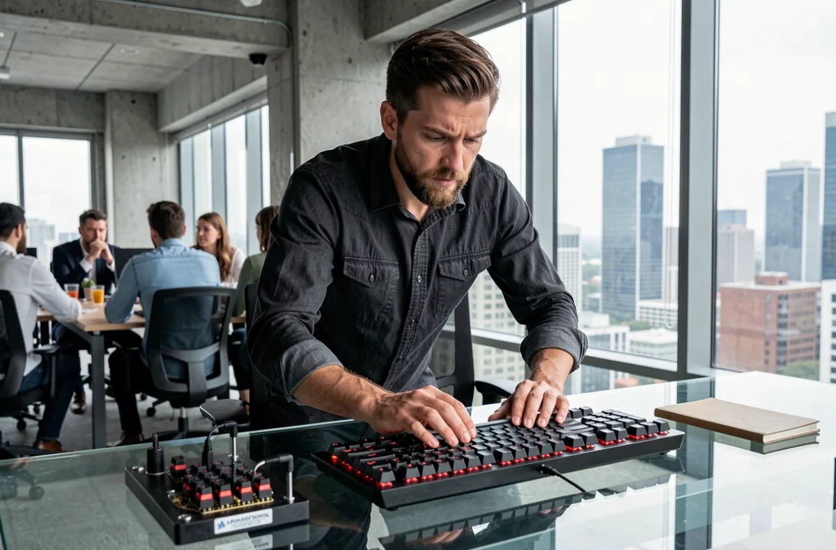 Homme barbu testant un clavier mécanique à touches noires dans un open space moderne