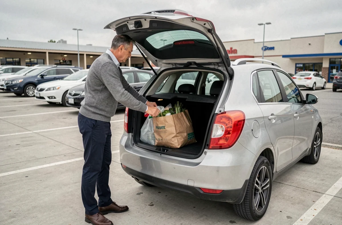 Homme chargeant des courses dans le coffre d'un SUV familial, symbolisant la liberté et la praticité de la voiture