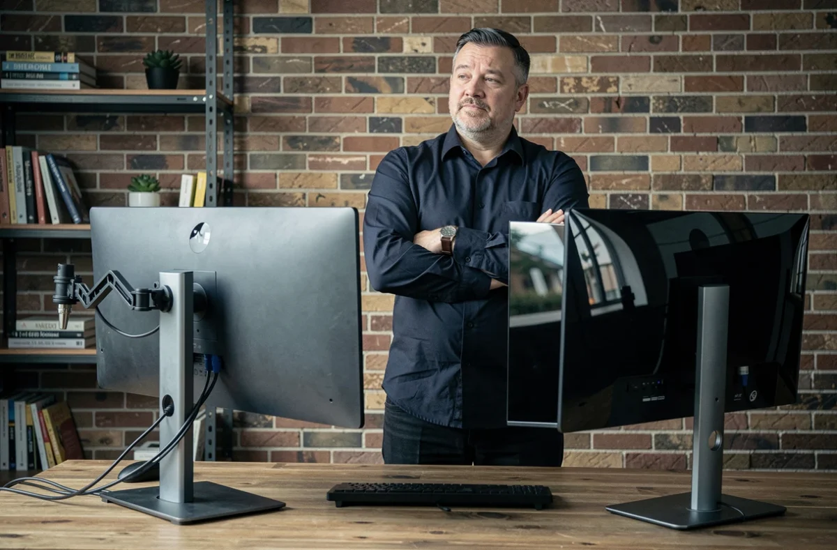 Homme en télétravail comparant deux types de moniteurs sur un bureau ajustable en hauteur
