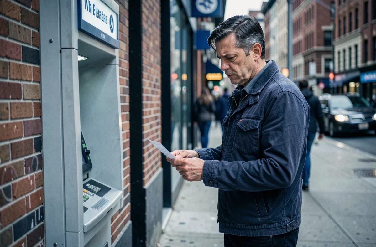 Homme tenant un reçu de distributeur automatique avec une expression préoccupée, symbolisant les difficultés budgétaires et la mauvaise gestion de l'argent