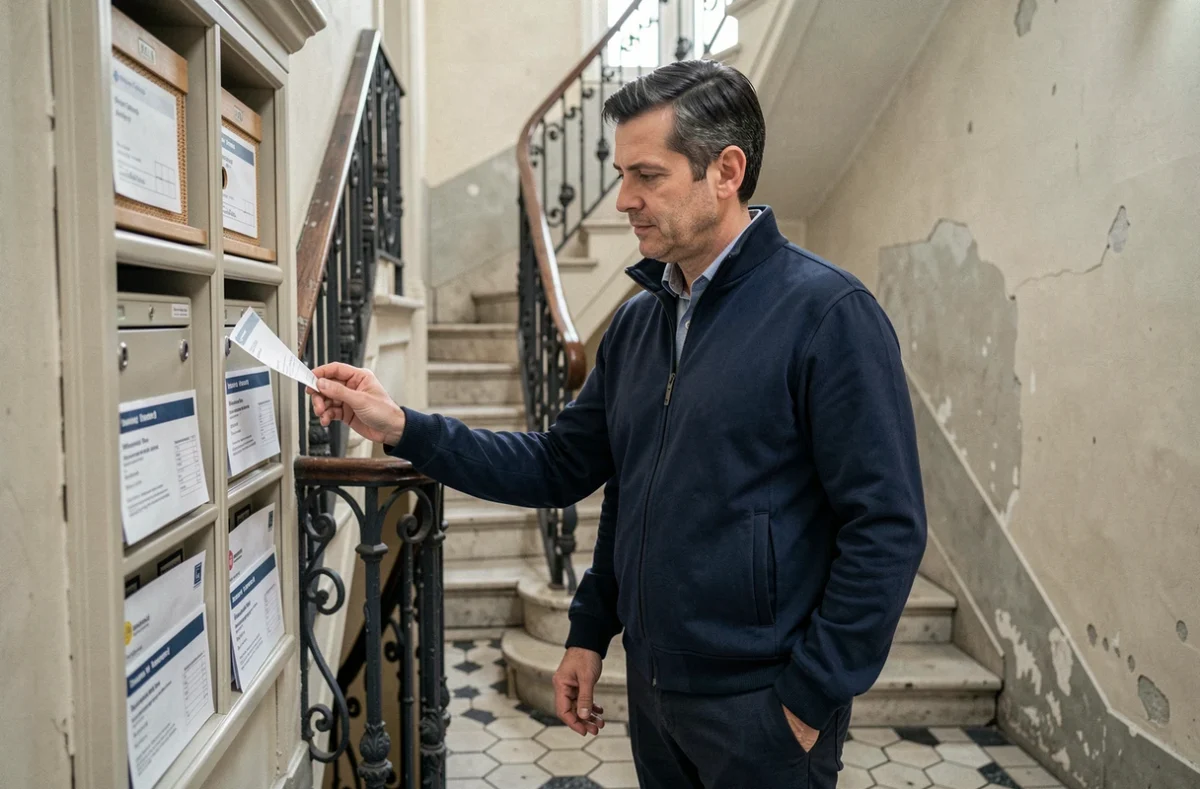 Homme inspectant des documents d'assurance dans le hall d'un immeuble haussmannien parisien