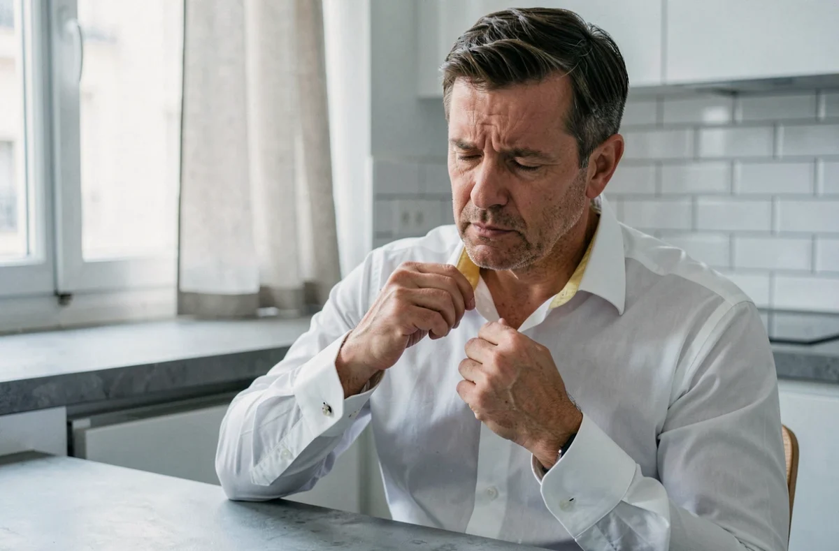 Homme inspectant le col jauni d'une chemise blanche dans une cuisine moderne