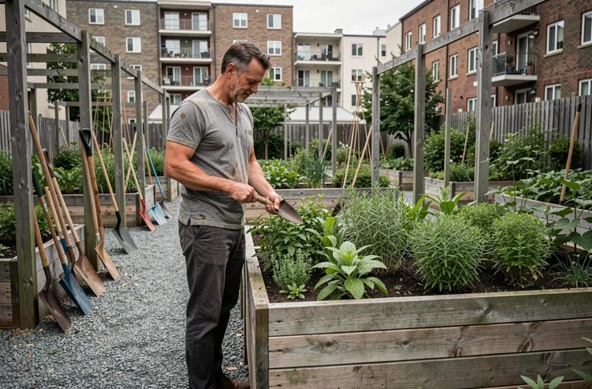 Homme entretenant un potager en bac surélevé dans un jardin communautaire urbain, jardinage participatif en ville