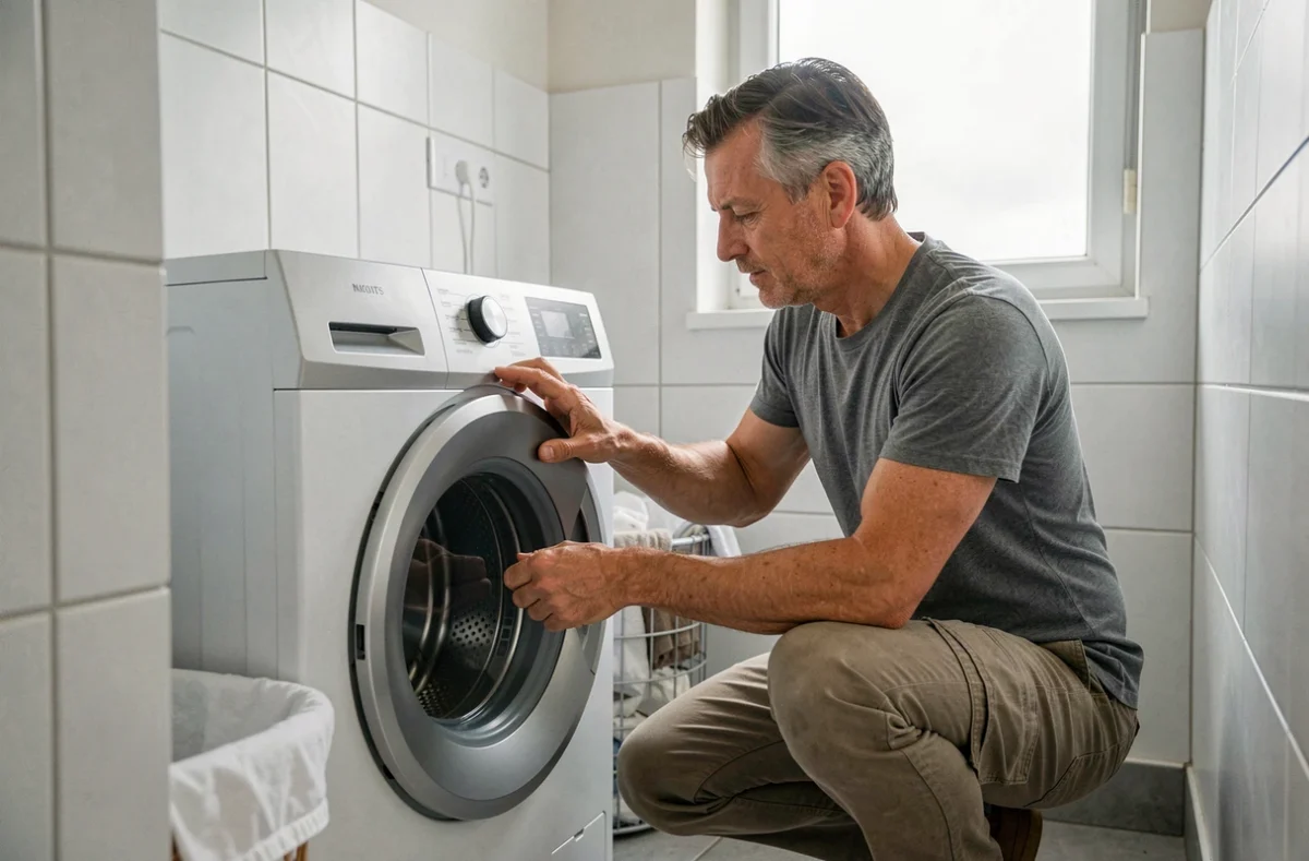 Homme sélectionnant un programme basse température sur un lave-linge pour économiser l'énergie