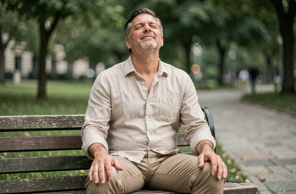 Homme pratiquant une courte méditation de 5 minutes assis sur un banc dans un parc urbain verdoyant