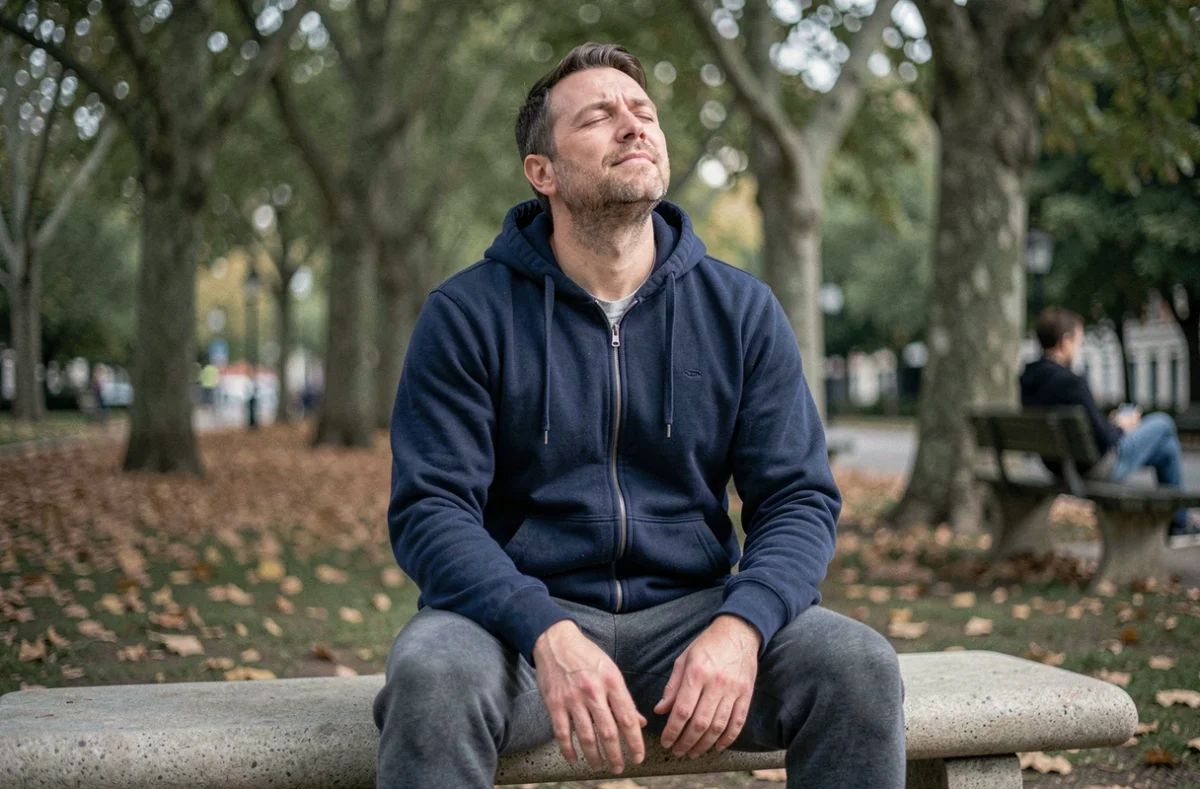 Homme d'une quarantaine d'années méditant sur un banc en pierre dans un parc urbain, vêtu d'un sweat bleu marine, les yeux fermés dans une attitude paisible