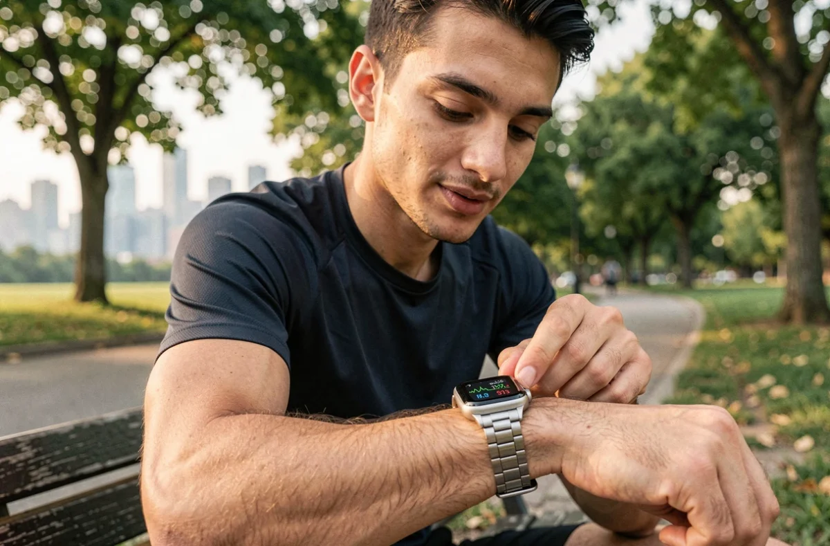 Jeune homme consultant ses données de santé sur une montre connectée dans un parc urbain