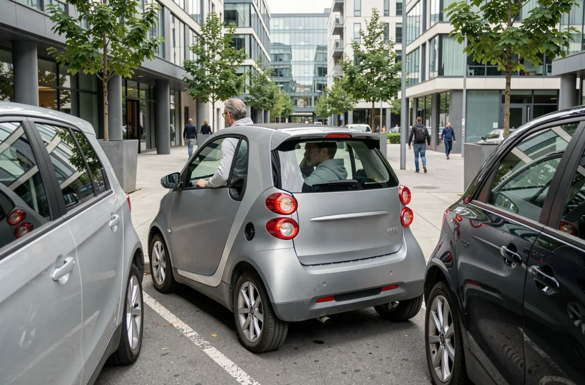 Homme garant une microvoiture sans permis dans un espace urbain étroit en ville