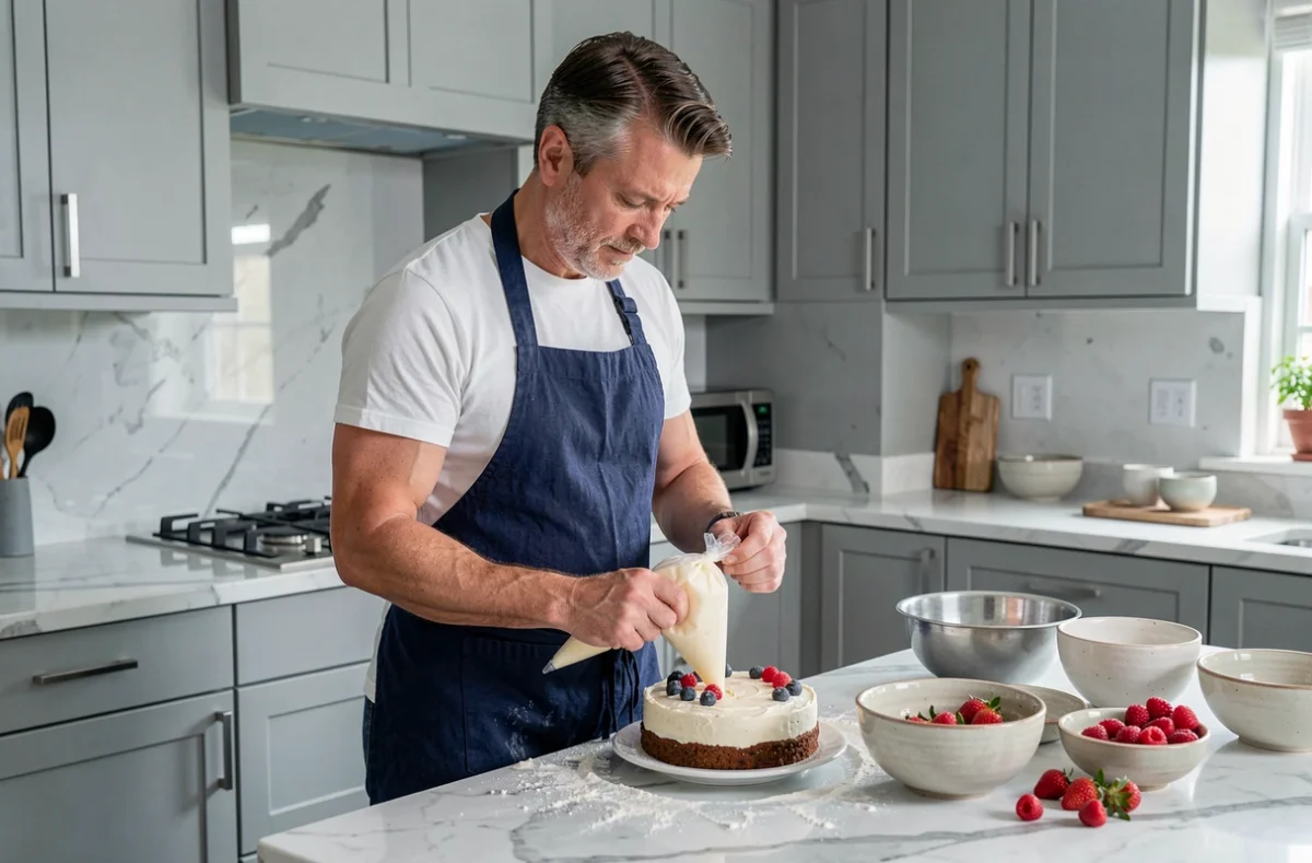 Homme en tablier décorant un gâteau fait maison dans une cuisine moderne comme activité à la maison