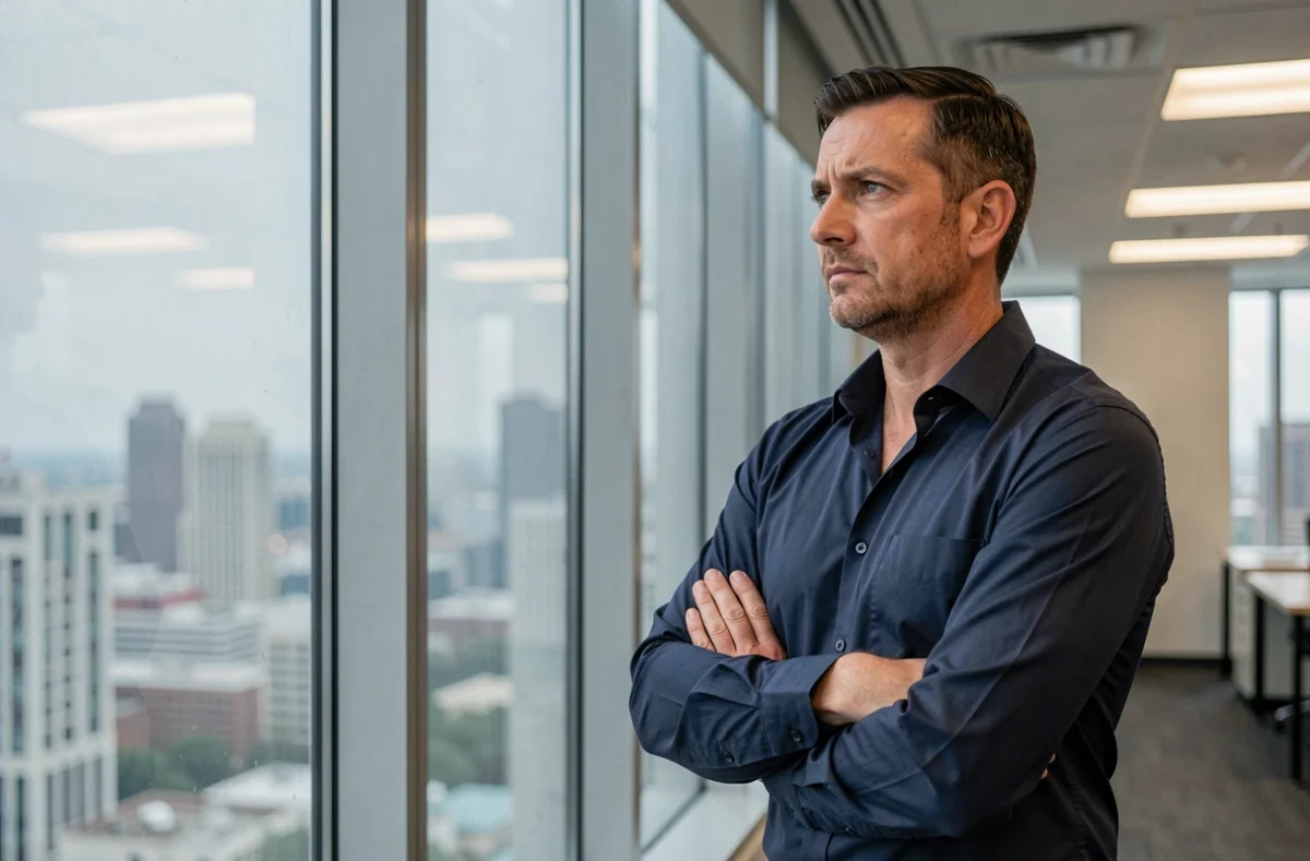 Homme pensif regardant par la fenêtre de son bureau, exprimant un sentiment de mal-être professionnel