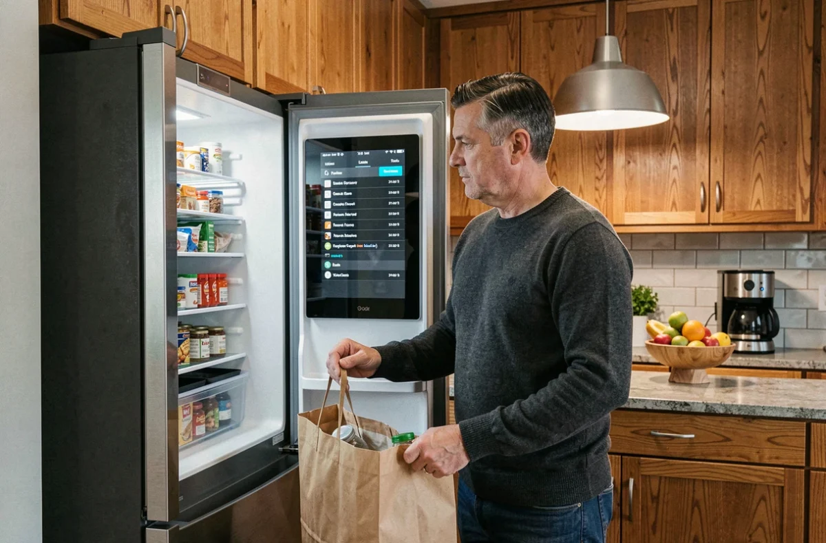 Homme consultant l'écran intégré d'un réfrigérateur connecté pour gérer les stocks alimentaires