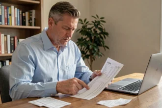 Homme consultant un relevé bancaire avec des frais élevés à son bureau à domicile
