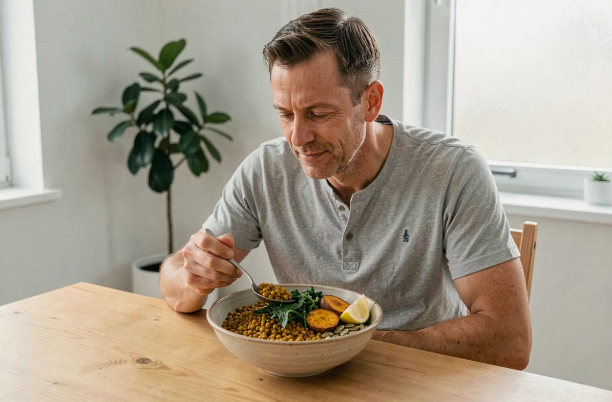 Homme savourant un repas équilibré aux aliments anti-inflammatoires bénéfiques pour l'immunité
