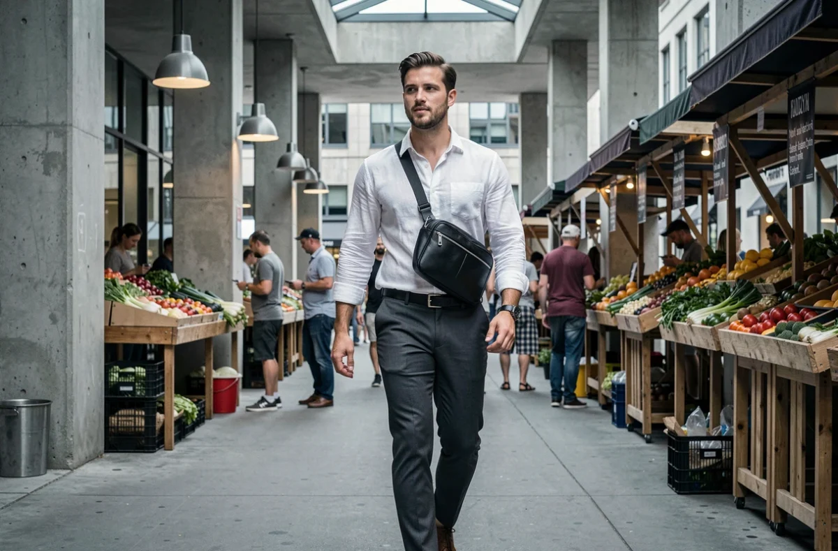 Homme portant un sac banane en cuir noir en bandoulière dans un marché urbain moderne