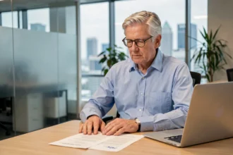Homme de 62 ans en chemise bleue examinant des documents de retraite à son bureau dans un open space moderne