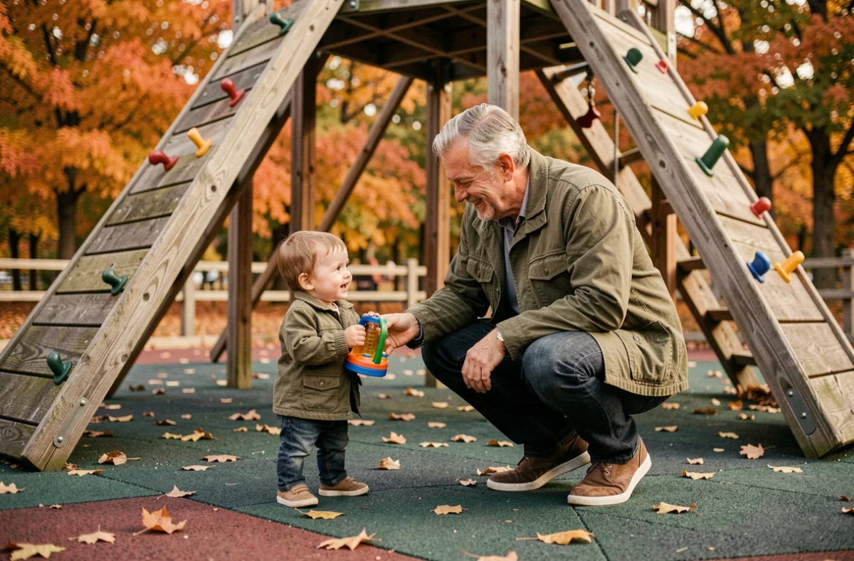 Homme âgé interagissant avec un jeune enfant dans un parc, illustrant un projet d'adoption tardive