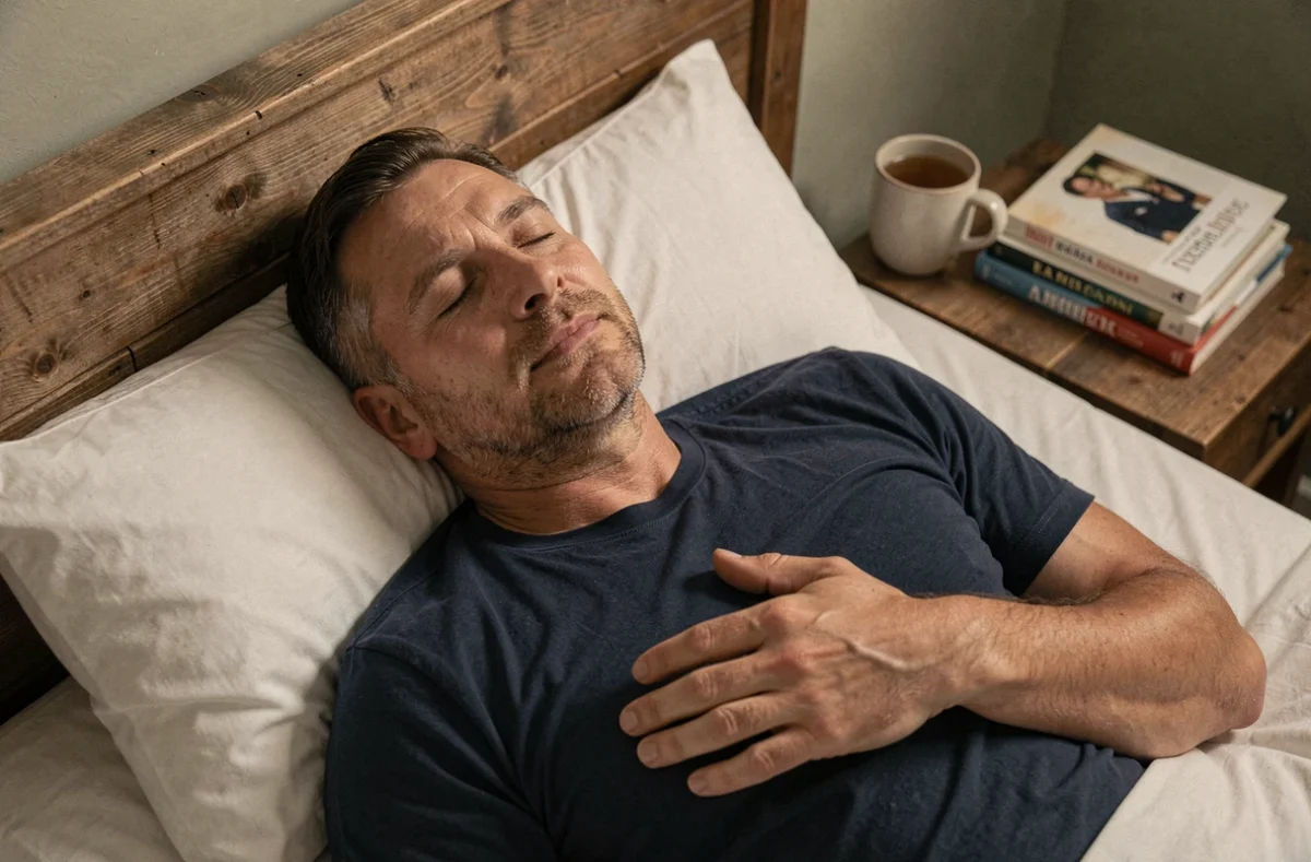 Homme endormi paisiblement dans son lit après une routine de gestion du stress pour un sommeil de qualité