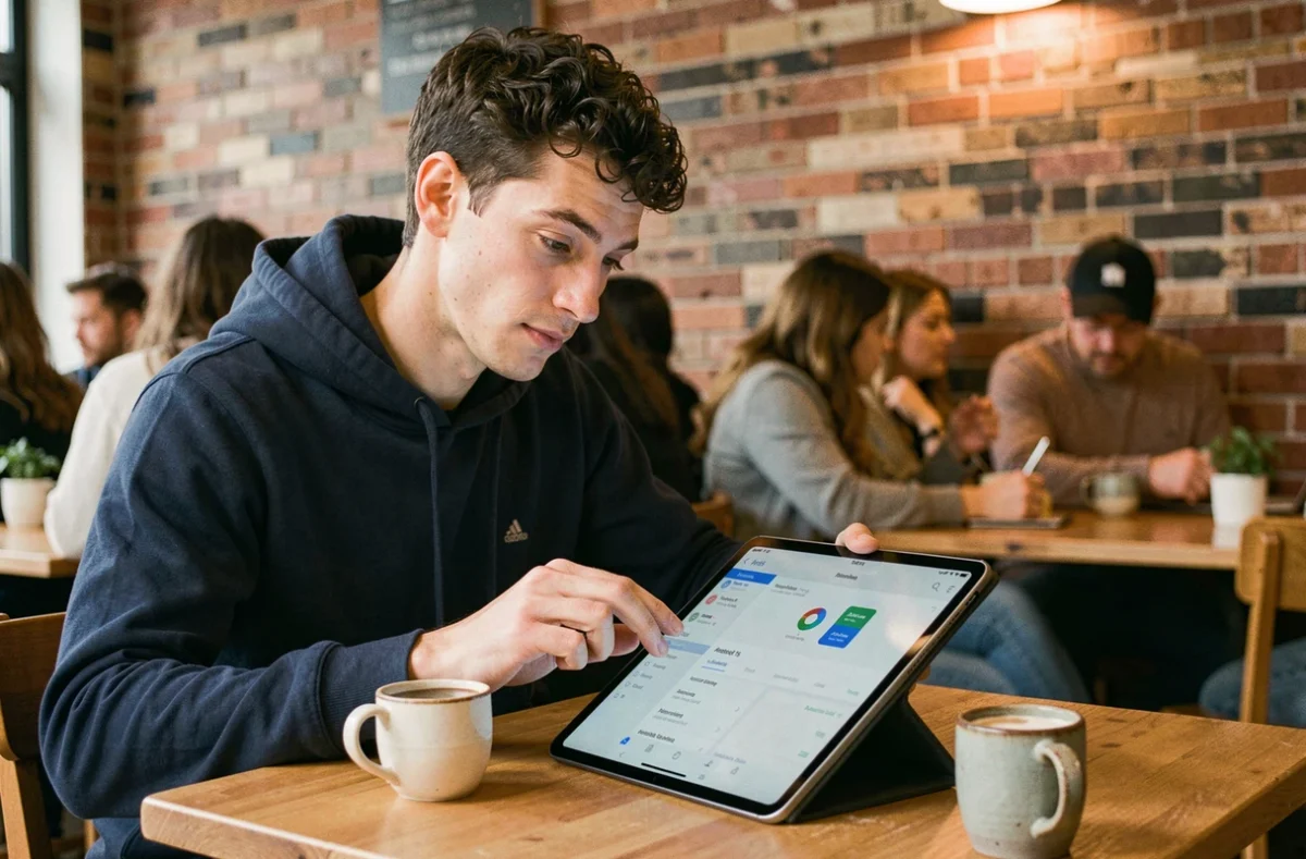 Homme utilisant une tablette Android dans un café urbain pour explorer les paramètres d'une nouvelle mise à jour système