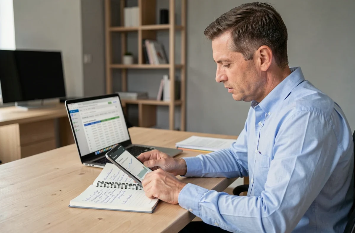 Homme comparant une application budgétaire sur tablette avec des notes manuscrites dans un bureau