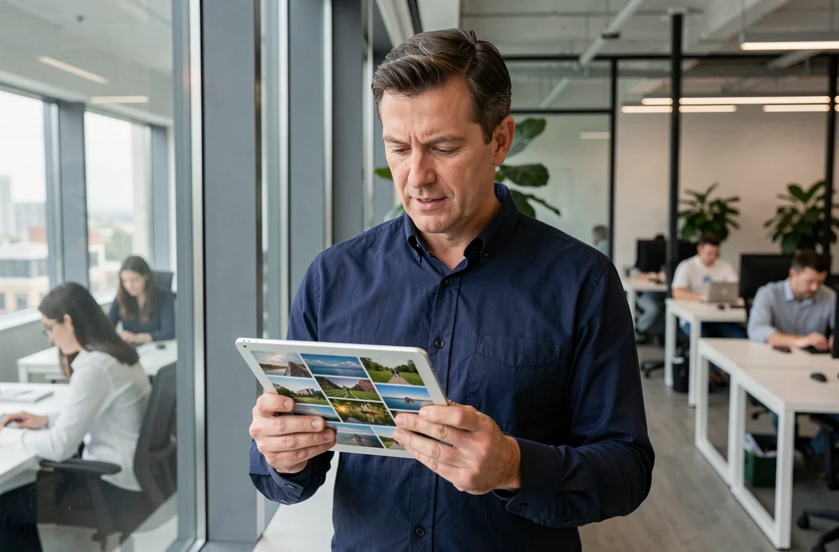 Homme consultant une galerie de photos synchronisée sur tablette dans un bureau moderne grâce au stockage cloud
