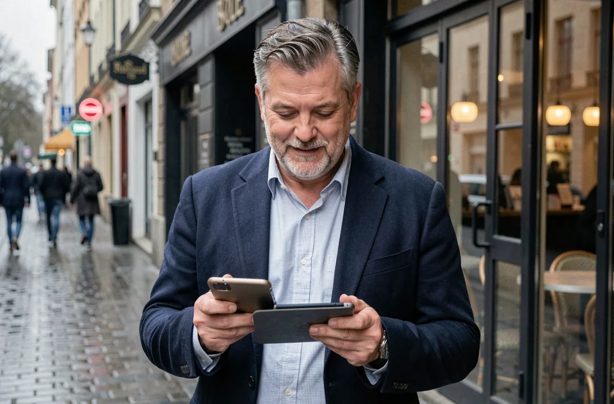 Un homme consultant un téléphone pliable dans une rue urbaine devant un café