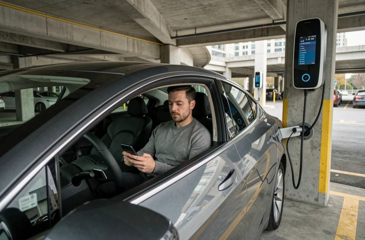 Homme utilisant son smartphone dans une voiture électrique pendant la recharge dans un parking urbain