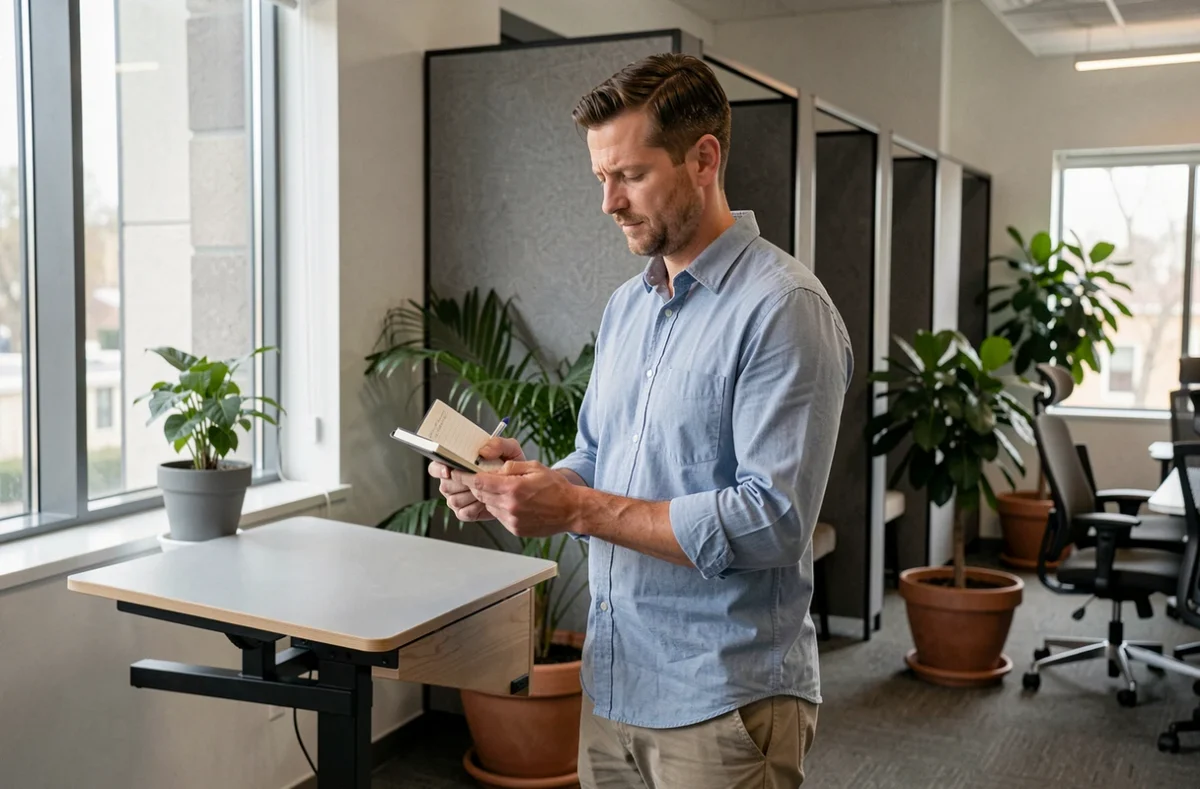 Homme en zone de travail calme et ergonomique dans un bureau hybride moderne, illustrant les nouvelles attentes des salariés en matière de bien-être au travail