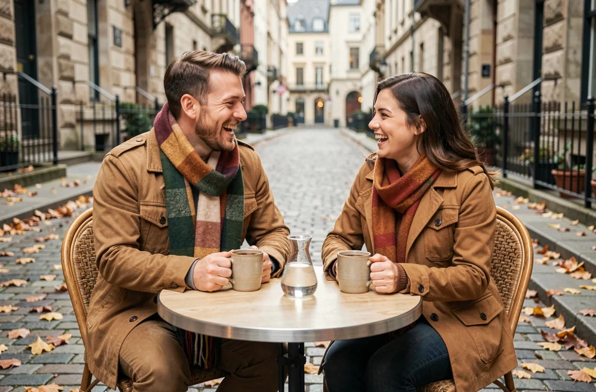 Deux amis partageant une carafe d'eau et du thé en terrasse en automne, illustrant l'hydratation adaptée aux changements de saison