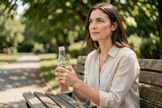 Femme tenant une bouteille d'eau en verre dans un parc en été, illustrant l'importance de l'hydratation au quotidien