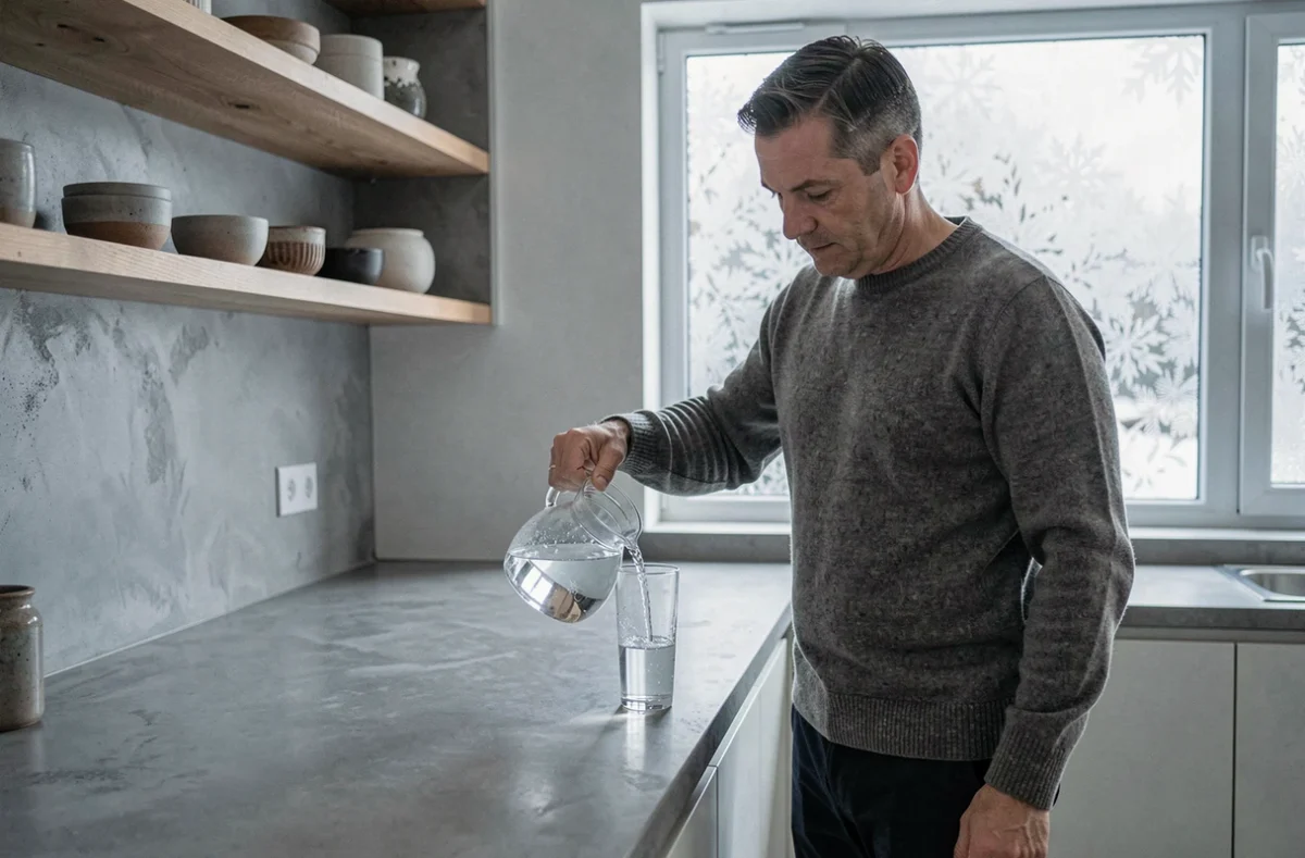 Homme versant de l'eau filtrée dans une cuisine moderne en hiver, soulignant les besoins en hydratation par temps froid