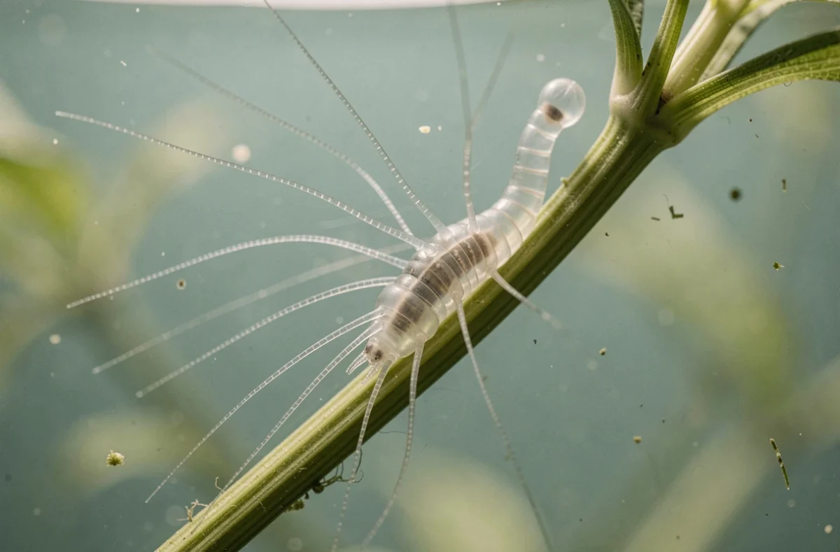 Hydre d'eau douce fixée à une plante aquatique, organisme à reproduction asexuée observé en macro