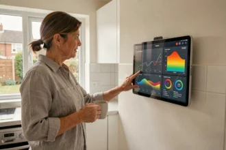 Femme consultant une interface d'intelligence artificielle pour la gestion de l'énergie domestique dans une cuisine moderne