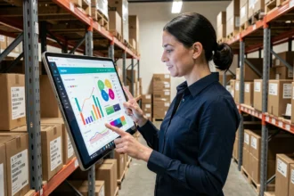 Femme gestionnaire de PME consultant un tableau de bord d'intelligence artificielle sur tablette pour optimiser la gestion des stocks dans un entrepôt