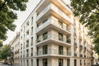 Façade d'un immeuble neuf en France mêlant architecture contemporaine et références haussmanniennes, avec balcons vitrés et matériaux modernes