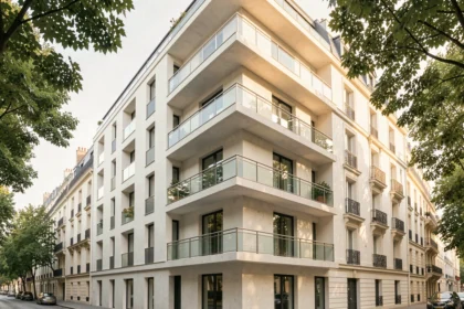 Façade d'un immeuble neuf en France mêlant architecture contemporaine et références haussmanniennes, avec balcons vitrés et matériaux modernes