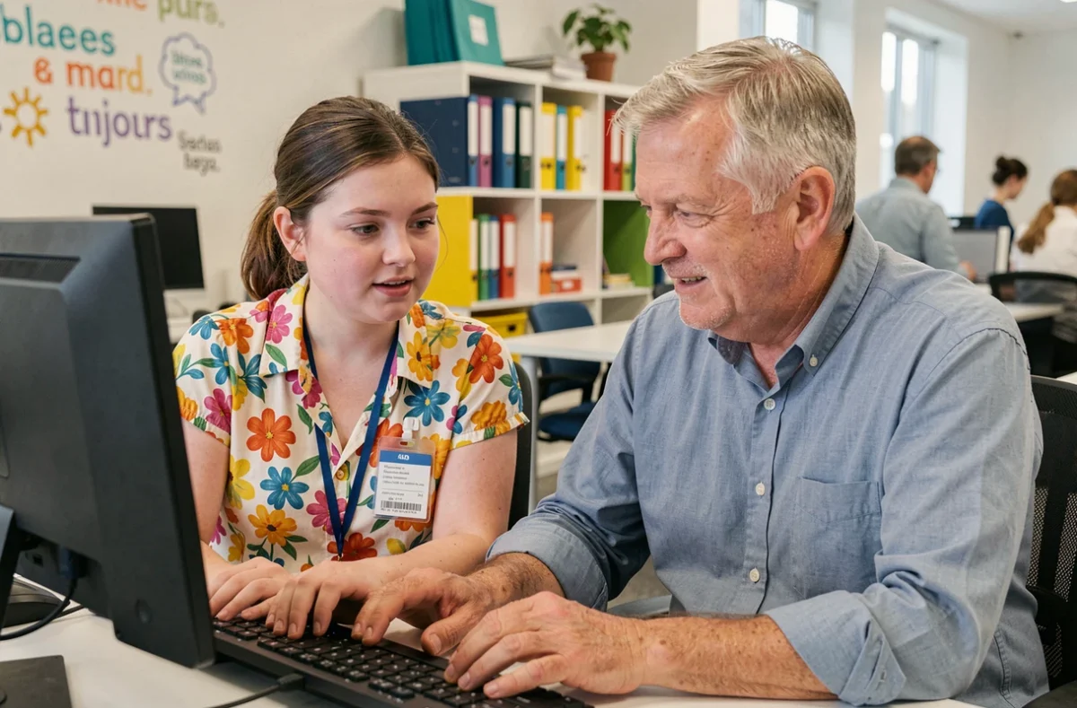 Collègue en situation de handicap et son mentor collaborant ensemble sur un poste de travail dans un environnement professionnel inclusif