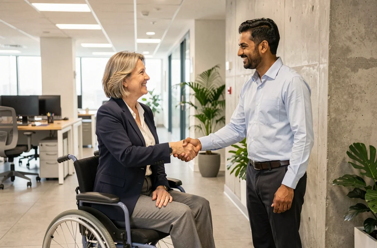 Femme en fauteuil roulant et collègue se serrant la main dans un bureau inclusif, symbolisant l'inclusion et l'accessibilité au travail