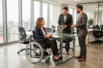 Une femme en fauteuil roulant motorisé participe activement à une réunion d'équipe dans un open space d'entreprise moderne, illustrant l'inclusion du handicap en milieu professionnel