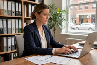 Travailleuse indépendante consultant ses documents fiscaux dans un bureau à domicile en 2024