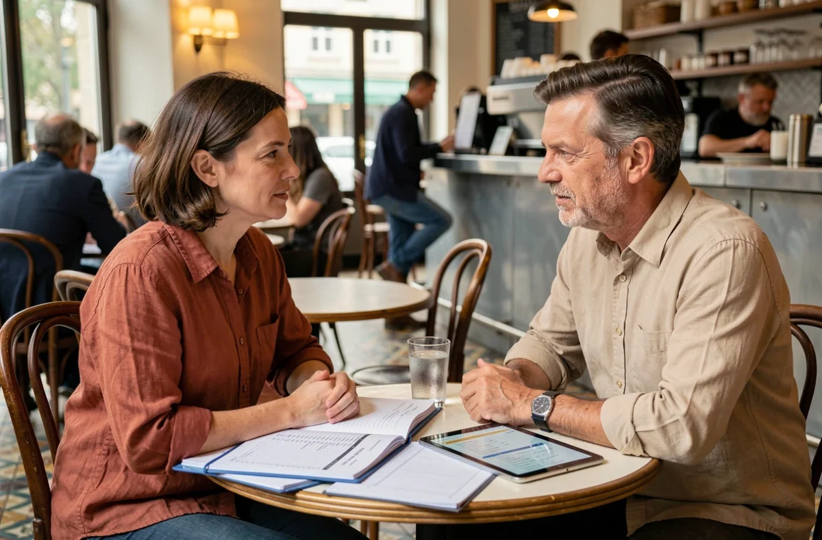 Deux travailleurs indépendants discutant de la nouvelle fiscalité 2024 dans un café parisien